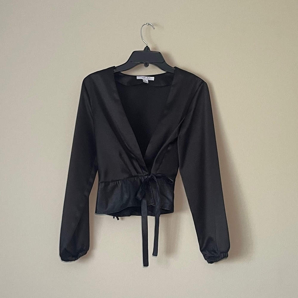 FAVLUX‎ FASHION Black Satin Wrap Crop Top Long Sleeve Tie Waist Women's Size S